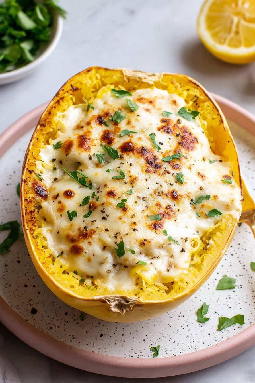 A toasted yellow spaghetti squash half is filled with a creamy, melted white cheese topping that shows browned spots and slight bubbling, giving a textured look. The squash's stringy yellow flesh forms the bottom layer around the edges, holding the cheese sauce inside. Bits of green parsley are scattered on top along with some black pepper specks. The squash rests on a white plate with dark speckles, which sits on a half circle pink plate over a white marbled surface. A lemon wedge and some parsley are seen in the top right and background. Photo taken with an iphone --ar 2:3 --v 7