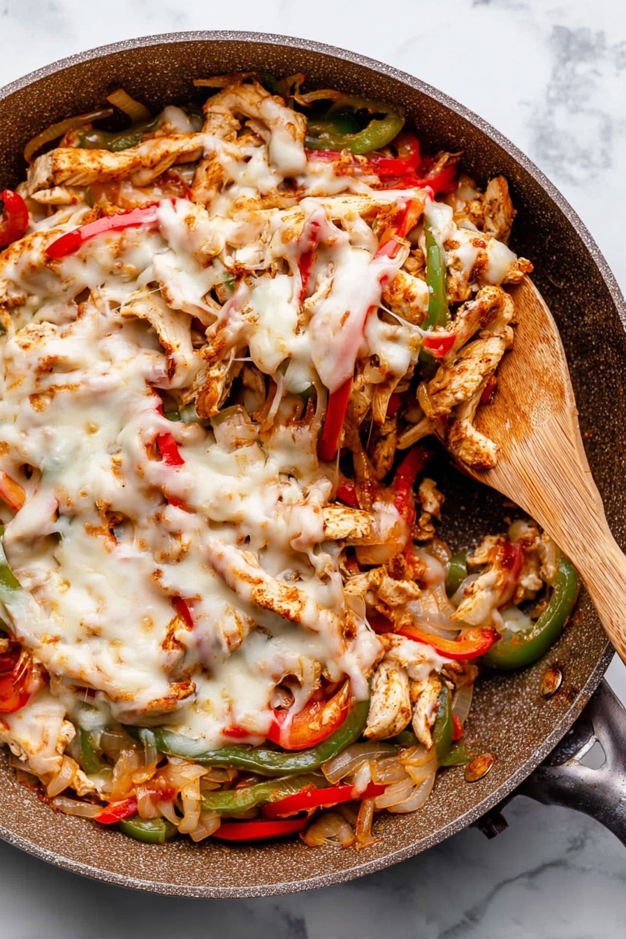 The image shows a pan full of a colorful dish with three main layers. The bottom layer is cooked strips of chicken, lightly browned and mixed with sautéed onions that are soft and slightly translucent. The middle layer has thin slices of red and green bell peppers, which are tender and mixed evenly throughout the dish. The top layer is melted white cheese, spread in an uneven but generous way, with some parts stretching and covering the vegetables and chicken. A wooden spoon is scooping up a portion from the pan, lifting some of the ingredients. The pan is placed on a white marbled surface. Photo taken with an iphone --ar 2:3 --v 7