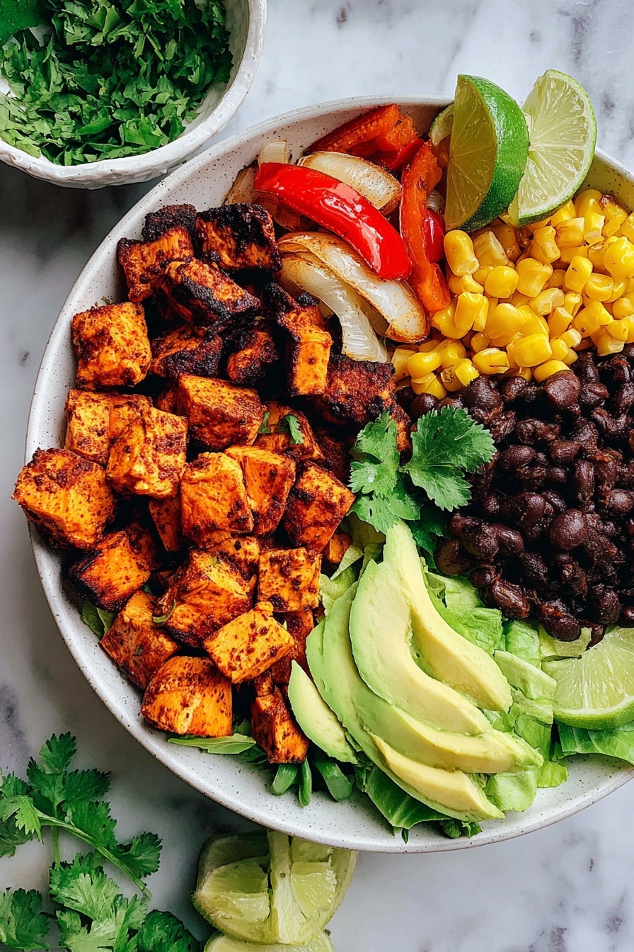 A white bowl filled with six layers of food on a white marbled surface: the first layer has grilled chicken pieces that are orange-brown with a slightly charred look, placed at the bottom left; next to it, grilled bell peppers and onions with red, green, and white colors form a thin strip; above that, chunks of roasted sweet potatoes in dark orange and brown shades; next to sweet potatoes, bright yellow grilled corn kernels; at the top right, fresh green lettuce leaves topped with two lime wedges; in the center, a pile of mashed black beans with a dark brown color is topped with a small sprig of cilantro; to the right of the chicken, slices of light green avocado fan out neatly. A small white bowl filled with fresh cilantro leaves and a lime wedge sit in the background. Two forks rest on the right side of the bowl. Photo taken with an iphone --ar 2:3 --v 7