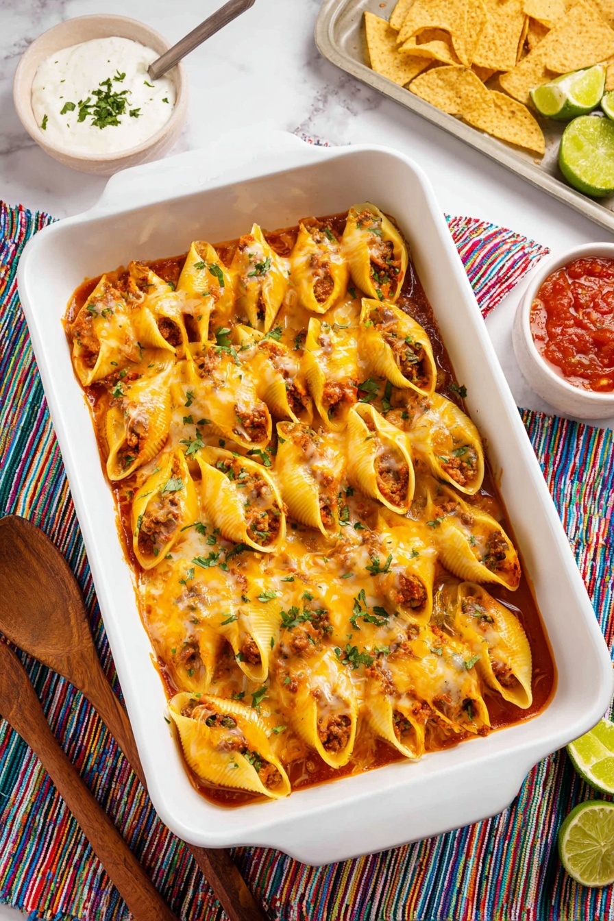 A white rectangular baking dish holds one layer of large pasta shells stuffed with a meat filling, covered with melted orange cheese and sprinkled with small green herb pieces. The shells are placed close together in rows, and some sauce is visible underneath and around the edges. The dish sits on a colorful striped cloth over a white marbled surface. Nearby, there is a wooden spoon on the left, a small white bowl with a creamy white topping at the top left with a spoon in it, and on the right, a tray with tortilla chips and a small white bowl of red salsa. Two lime halves and some green herbs are in the background near the salsa. Photo taken with an iphone --ar 2:3 --v 7