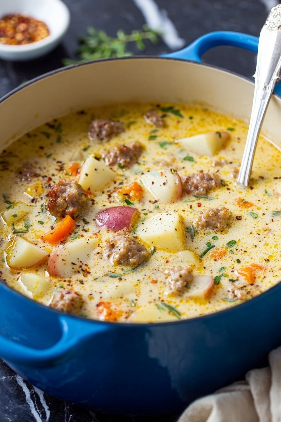 A blue pot filled with thick creamy soup inside. The soup has many small pieces of light brown sausage, chunks of white potato with red skin, and small orange carrot pieces. There are green herbs sprinkled throughout and some black pepper on the surface. A silver spoon is resting inside the pot on the right side. The pot sits on a white marbled surface, and there is a small white bowl with red pepper flakes in the blurred background near the top. A beige cloth is slightly visible on the lower right side near the pot's handle photo taken with an iphone --ar 2:3 --v 7