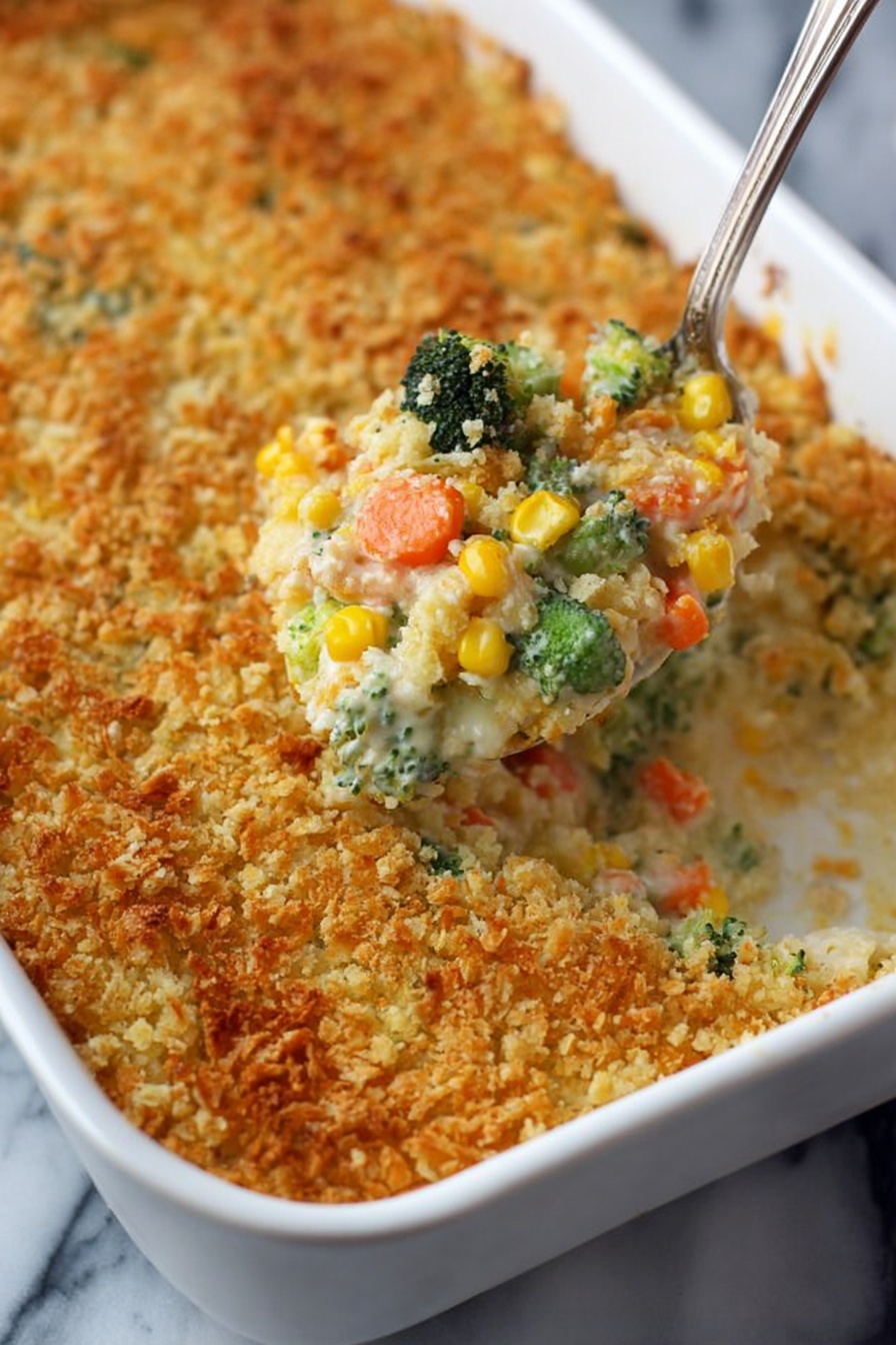 The image shows a white rectangular dish filled with a baked casserole. It has two main layers: a crispy, golden-brown crumb topping with textured pieces scattered all over, and underneath, a creamy, cheesy mixture with visible pieces of green broccoli, bright orange carrot cubes, and yellow corn kernels. A silver spoon lifts a scoop from the dish, revealing the soft, creamy inside with mixed vegetables. The dish sits on a white marbled surface. photo taken with an iphone --ar 2:3 --v 7