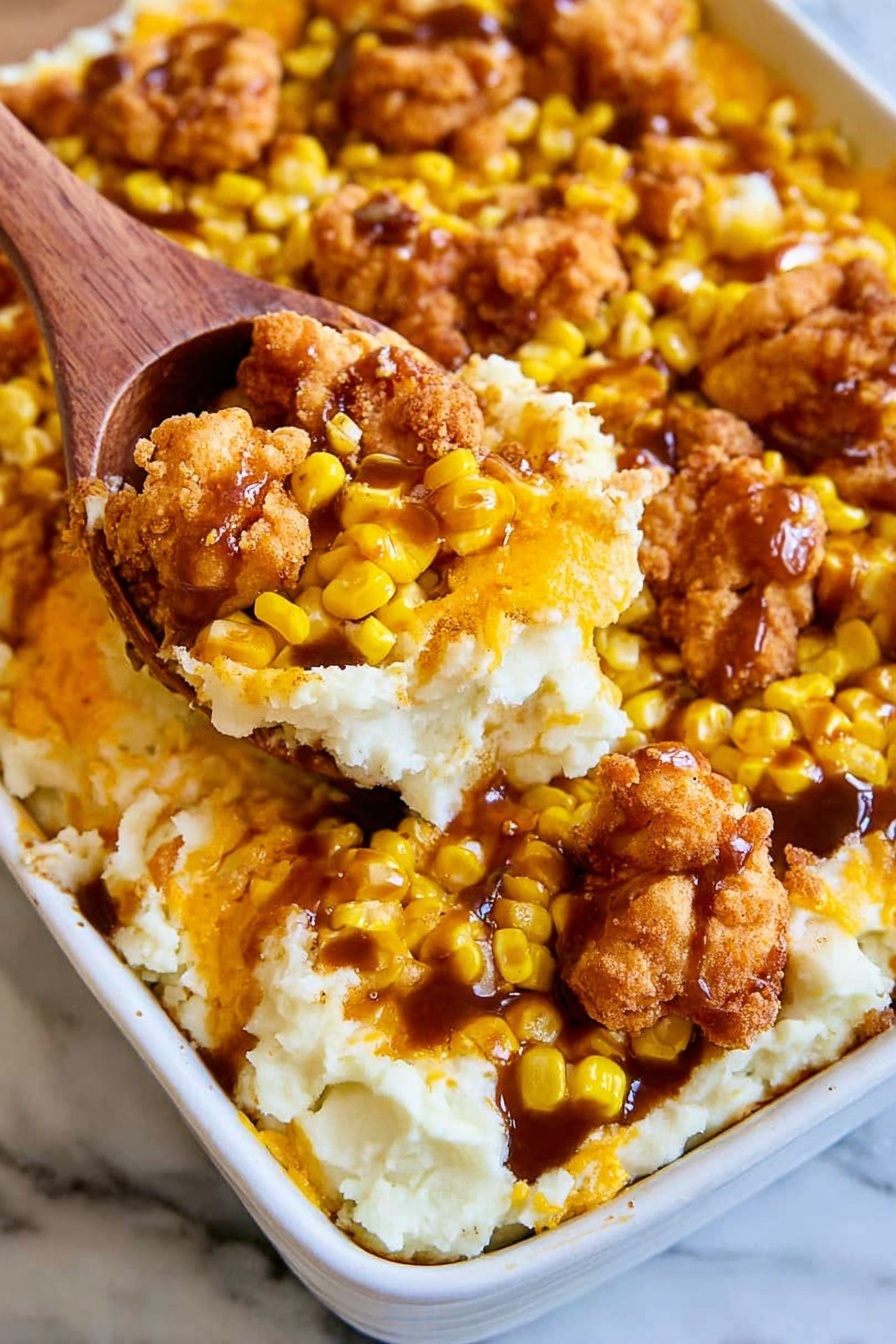 The image shows a white rectangular baking dish filled with layers of food. The bottom layer is smooth, creamy mashed potatoes with a white color. On top of the potatoes, there is a bright yellow layer of cooked corn mixed with melted orange cheese that looks soft and creamy. Scattered over the corn and cheese are pieces of golden brown, crispy fried chicken chunks that have a rough, crunchy texture. A dark brown gravy is drizzled over the chicken and corn, adding a shiny contrast to the dish. In the top right corner, a wooden spoon is lifting some of the food, showing all layers clearly. The background is a white marbled surface. Photo taken with an iphone --ar 2:3 --v 7