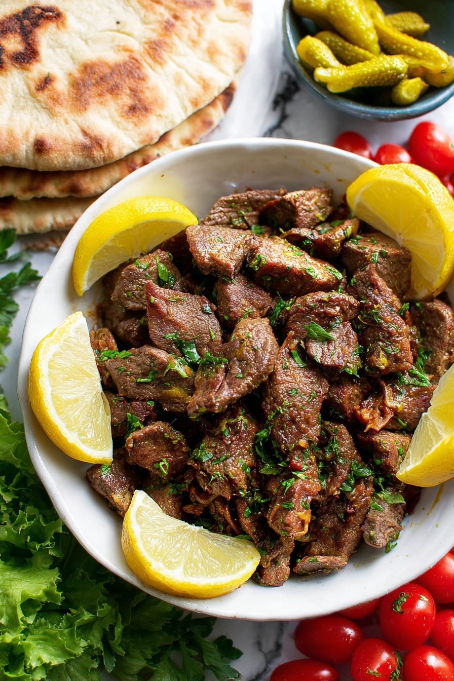 A white bowl filled with many small pieces of brown cooked meat sprinkled with green herbs and topped with three yellow lemon wedges arranged around the bowl. The bowl sits on a white marbled surface surrounded by fresh green lettuce leaves in the bottom left corner and bright red cherry tomatoes, some whole and some halved, in the bottom right corner. To the top left of the bowl, there are two pieces of round toasted flatbread stacked on each other. Above the bowl, there is a small portion of green pickled vegetables with yellow seeds visible. On the right side near the bowl, a dark blue cloth is partly visible along with a black fork and spoon. Photo taken with an iphone --ar 2:3 --v 7