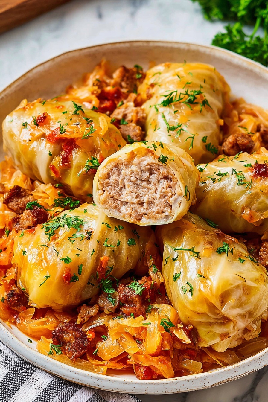 The dish shows a white round bowl full of cabbage rolls placed on a white marbled surface. The cabbage rolls have a light yellow outer layer with a soft and moist texture. Some rolls are whole, while one is cut in half to show a beige, finely crumbed filling inside. Surrounding the rolls are cooked orange and red shredded cabbage, with pieces of browned meat mixed in, giving the dish a rich textured appearance. Fresh chopped green herbs are sprinkled on top, adding a touch of color contrast. Photo taken with an iphone --ar 2:3 --v 7