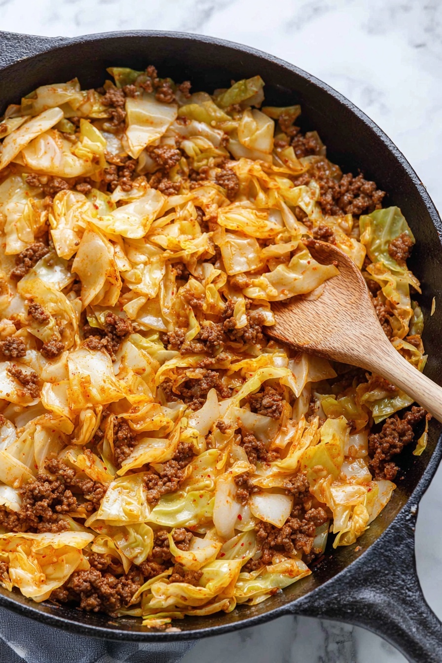 The image shows a black cast iron pan filled with a cooked mix of chopped cabbage and ground meat. The cabbage is soft, light orange and pale yellow, coated with a thin layer of sauce, while the ground meat is brown and crumbled, spread evenly throughout the dish. A wooden spoon is placed inside the pan, partially stirring the ingredients. The pan sits on a white marbled surface, and the cabbage and meat mixture looks warm and slightly oily with some spices sprinkled on top photo taken with an iphone --ar 2:3 --v 7
