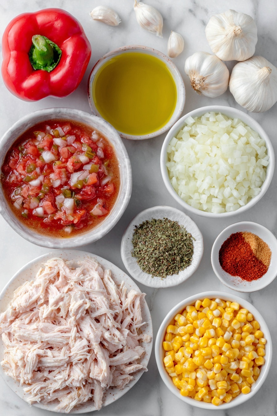 Flat lay of a small white ceramic bowl of olive oil, finely chopped white onion on a simple white plate, a medium whole red bell pepper, three whole uncracked garlic cloves, a small white bowl filled with fire-roasted diced tomatoes with green chilies and juices, a small white bowl of smooth enchilada sauce, a small white bowl of golden chicken stock, a small white bowl of rinsed black beans, a small white bowl of bright yellow corn kernels, shredded cooked rotisserie chicken piled neatly on a white plate, a small heap of ground cumin powder, a small heap of salt crystals, a small heap of chili powder, a small heap of dried oregano leaves, a small heap of red chili flakes, a small heap of ground black pepper, and a portion of softened cream cheese block placed on a white ceramic dish, all arranged with perfect symmetry and balanced proportions, placed on a clean white marble surface, soft natural light, photo taken with an iPhone, professional food photography style, fresh ingredients, white ceramic bowls, no bottles, no duplicates, no utensils, no packaging --ar 2:3 --v 7 --p m7354615311229779997