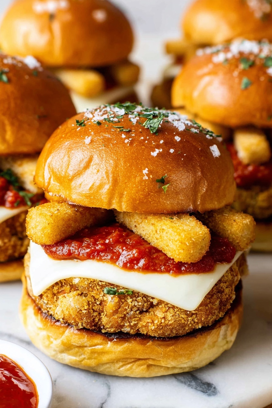A close-up view of a sandwich on a white marbled surface, showing three main layers inside a shiny toasted bun topped with green herbs and a sprinkle of salt. The bottom layer is a crispy golden patty with a rough texture, followed by a layer of smooth white melted cheese. Above the cheese is a bright red sauce spread evenly, topped with four golden, crunchy sticks placed side by side. The sandwich is surrounded by similar sandwiches and a small white bowl with red dipping sauce visible in the corner. photo taken with an iphone --ar 2:3 --v 7