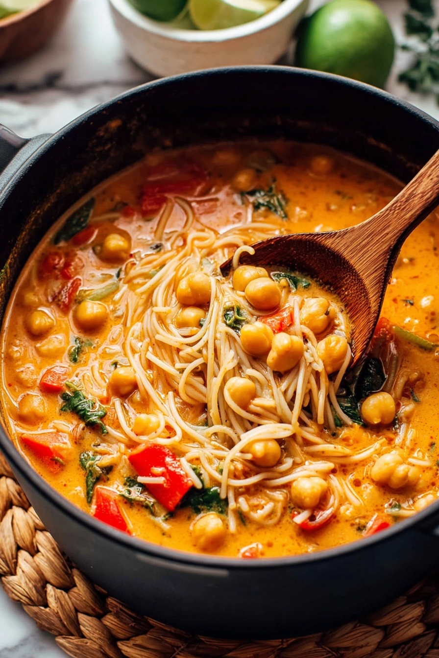 The image shows a dark cooking pot filled with a warm, creamy orange soup layered with thin white noodles, round light beige chickpeas, and bright red bell pepper pieces. There are green pieces of herbs and a small lime wedge visible in the soup, adding splashes of color. A wooden spoon is partially submerged, lifting some noodles and chickpeas from the soup. The pot sits on a woven mat, and the background features a white marbled surface with a blurred lime and white bowls, creating a cozy kitchen feel. Photo taken with an iphone --ar 2:3 --v 7