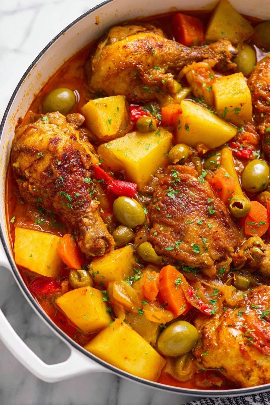 A white pot filled with a colorful stew showing multiple layers of food, the bottom layer is a rich reddish-brown sauce, above it large pieces of golden brown cooked chicken, scattered with chunks of yellow potatoes, bright orange carrot slices, green olives, and small bits of red pepper all mixed evenly, the textures of the chicken skin look crispy and moist, the vegetables appear soft but firm. The pot is placed on a white marbled surface. photo taken with an iphone --ar 2:3 --v 7