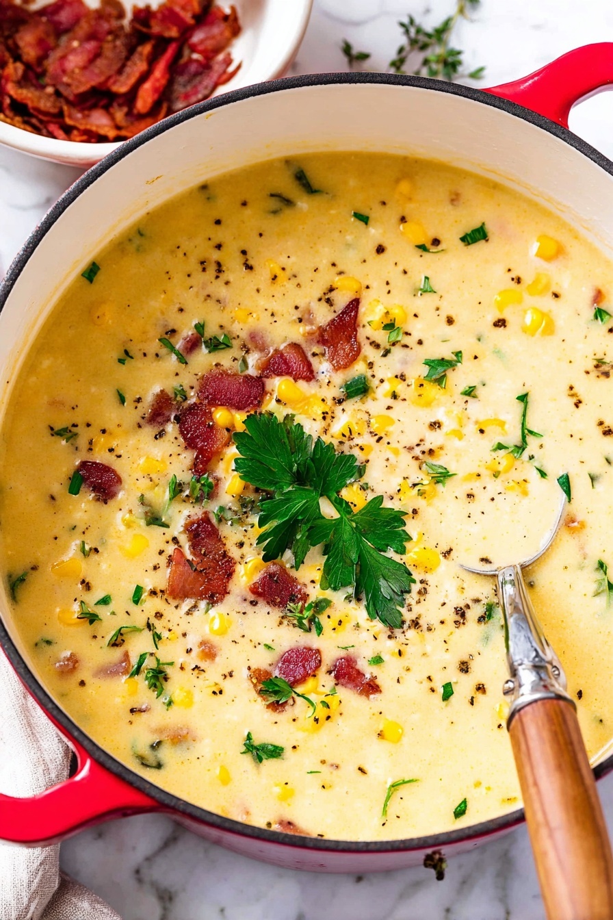 A creamy yellow soup with visible bits of corn, small pieces of bacon, and chopped green herbs on top fills a white pot with a red handle. The soup's surface shows sprinklings of ground black pepper and scattered chunks of bacon with bright green parsley leaves placed in the middle. A wooden spoon with a silver end is partially immersed in the soup on the right side. The pot rests on a white marbled surface, and there is a glimpse of a white bowl with more bacon pieces to the left. photo taken with an iphone --ar 2:3 --v 7