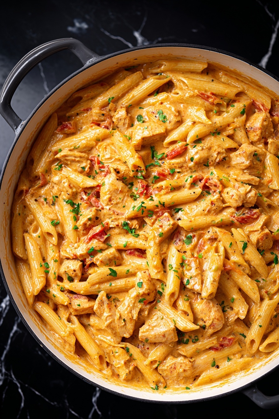 The image shows a creamy pasta dish in a large white pan with black edges and handles on a white marbled surface. The dish has three main layers: a base of penne pasta coated in a thick, light orange sauce, scattered pieces of cooked light brown chicken mixed evenly throughout, and small green chopped herbs sprinkled on top for color. There are also small bits of red, likely tomatoes, blended within the sauce. The texture looks smooth and rich with some chunkiness from the chicken and tomatoes. photo taken with an iphone --ar 2:3 --v 7