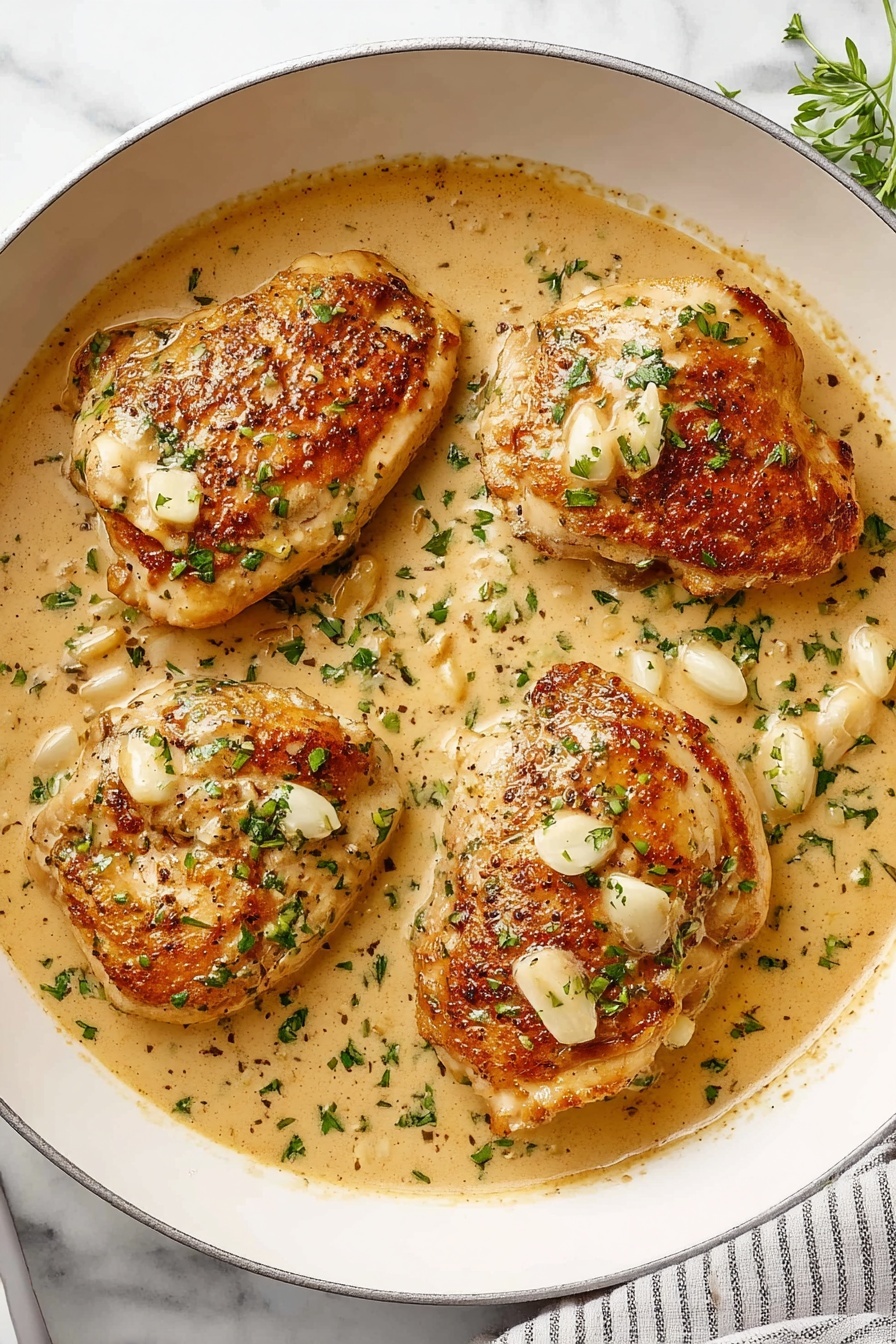 A white pan holds four browned chicken pieces covered in light creamy sauce with small white garlic cloves and sprinkled green herbs on top and around them. The sauce is smooth and light beige, filling the pan almost to the edge, with some texture showing from cooking. The chicken pieces are placed slightly apart, each with browned, slightly crispy edges. The background is a white marbled surface with a striped cloth partially visible at the bottom right corner. photo taken with an iphone --ar 2:3 --v 7