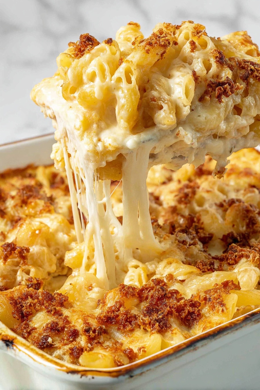 A close-up view of a creamy pasta bake being lifted from a white baking dish, showing three main layers: a bottom layer of cooked pasta, a middle layer of melted white cheese coating the pasta with a stretchy texture, and a top layer of browned, crispy bits of what looks like seasoned meat or breadcrumbs, giving a golden brown contrast. The pasta pieces are golden yellow and soft, with melted cheese stretching between the dish and the lifted portion. The white baking dish has a slightly burnt edge on one corner, placed on a white marbled surface. Photo taken with an iphone --ar 2:3 --v 7