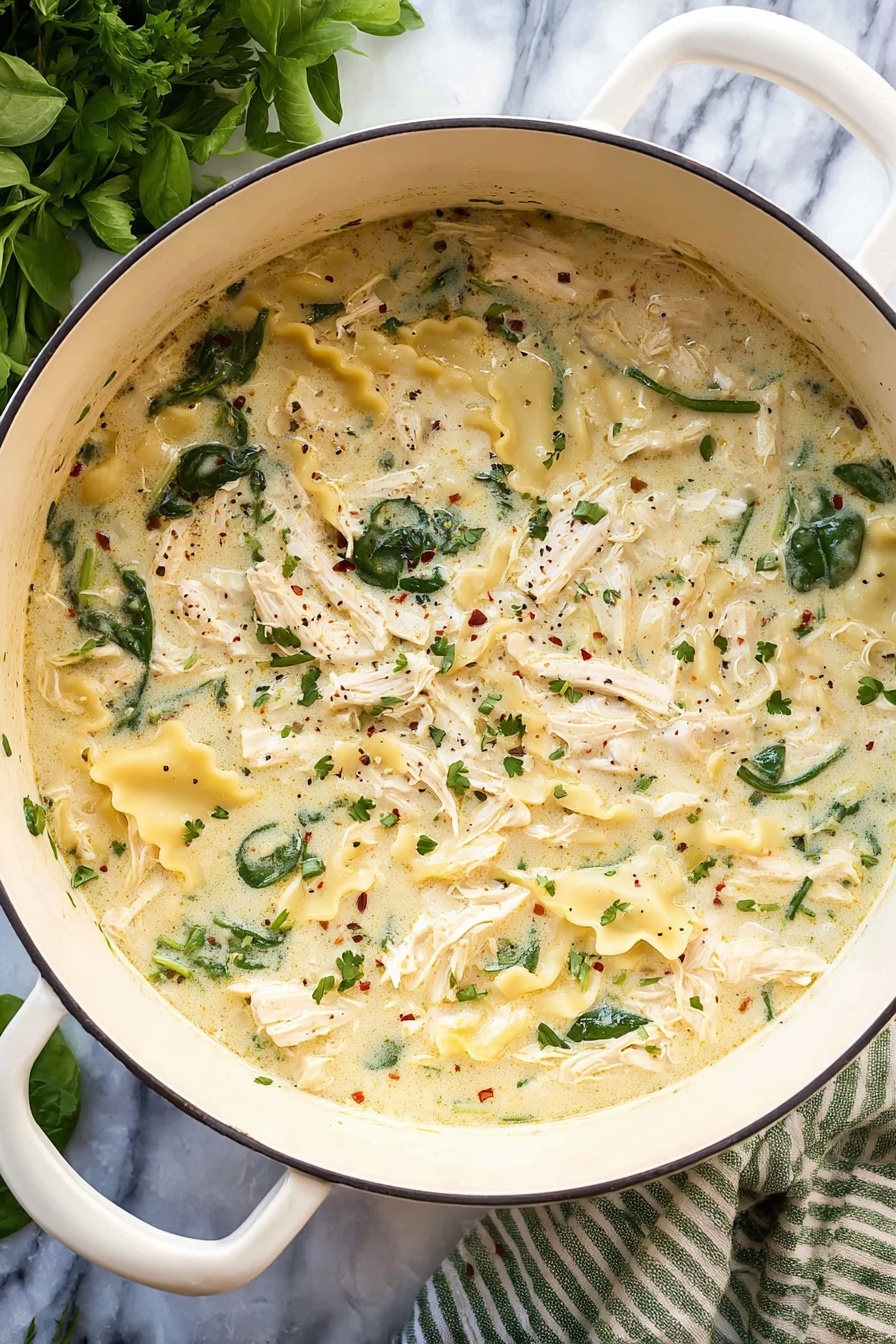 The image shows a large white pot filled with a creamy soup that has three main layers: shredded chicken pieces that are white with soft texture spread throughout, wavy yellow pasta pieces scattered evenly, and fresh green spinach leaves adding color contrast. The creamy broth is light beige, thick, and speckled with black herbs and spices. The pot is set on a white marbled surface with some green leafy herbs partially visible on the left and a green and white striped cloth on the bottom right. photo taken with an iphone --ar 2:3 --v 7