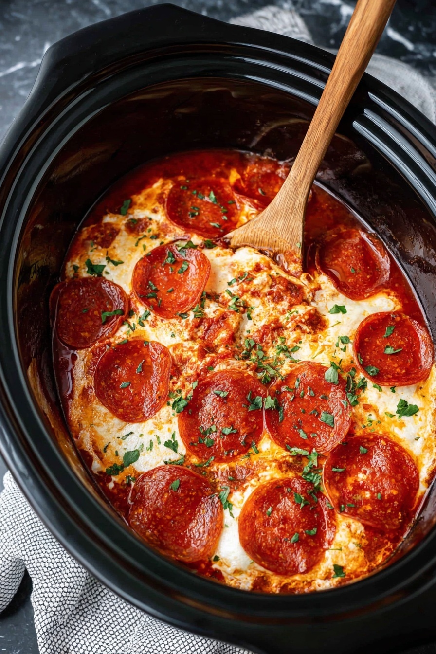 A black slow cooker bowl filled with a rich red tomato sauce as the base layer, topped with a layer of melted creamy white cheese slightly browned on the edges, and evenly layered with round slices of spicy red pepperoni. Some chopped green parsley is sprinkled on top, adding a fresh color contrast. A wooden spoon is partially dipped into the dish, stirring the cheese and pepperoni. The bowl is placed on a white marbled surface with a grey dotted cloth nearby. Photo taken with an iphone --ar 2:3 --v 7