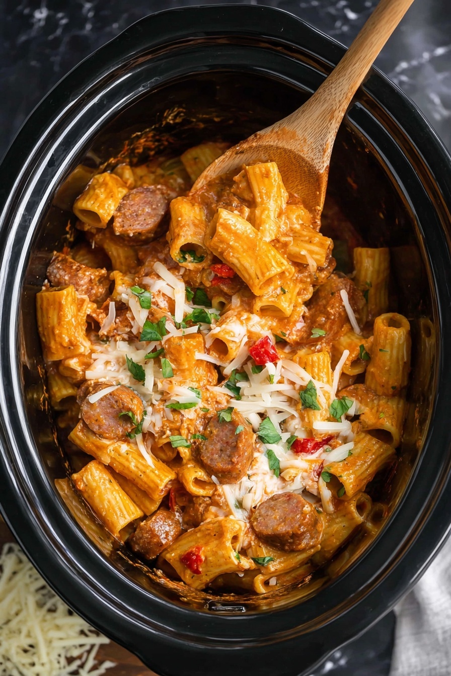 A black slow cooker filled with a mix of cooked rigatoni pasta coated in a thick, orange-red sauce, sliced sausages, and melted white cheese scattered throughout. Bright red and green pepper slices and small bits of fresh green herbs are spread on top and mixed in. A wooden spoon is scooping some of the pasta from the center-right side, showing the chunky texture of the sausage and sauce. The slow cooker sits on a white marbled surface with some shredded white cheese visible in the bottom left corner. Photo taken with an iphone --ar 2:3 --v 7