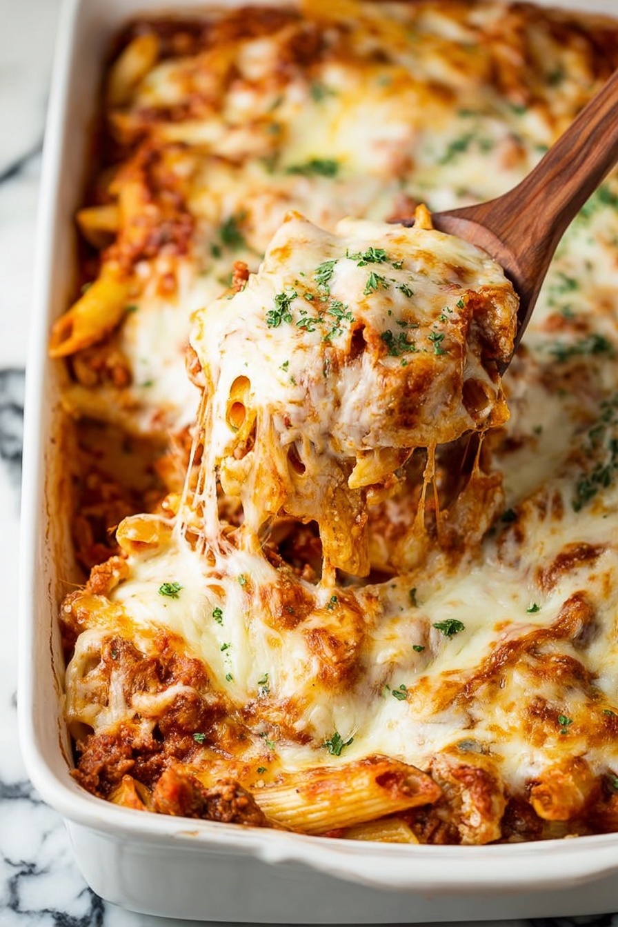 The image shows a white rectangular dish filled with baked pasta. It has layers starting with a red tomato sauce mixed with ground meat at the bottom, then penne pasta coated in the sauce, topped with melted white and light orange cheese that is slightly browned and bubbly. Some green chopped herbs are sprinkled on top, adding fresh color. A silver fork with a wooden handle is lifting a serving of the pasta, showing stretchy melted cheese between the fork and the dish. The dish sits on a white marbled surface with a pale beige cloth partially visible on the side. photo taken with an iphone --ar 2:3 --v 7