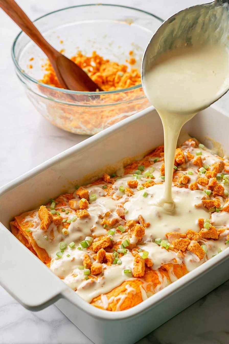 A square piece of layered casserole is on a round white plate with ridges. The dish has three visible layers: the bottom layer is light orange and creamy, the middle layer looks soft and mixed with the bottom, and the top layer is covered with melted cheese that is golden brown in some spots and creamy white in others. Green chopped scallions are scattered on top, adding a fresh touch. A silver fork holds a bite of the casserole near the piece on the plate. The surface under the plate is a white marbled texture. photo taken with an iphone --ar 2:3 --v 7