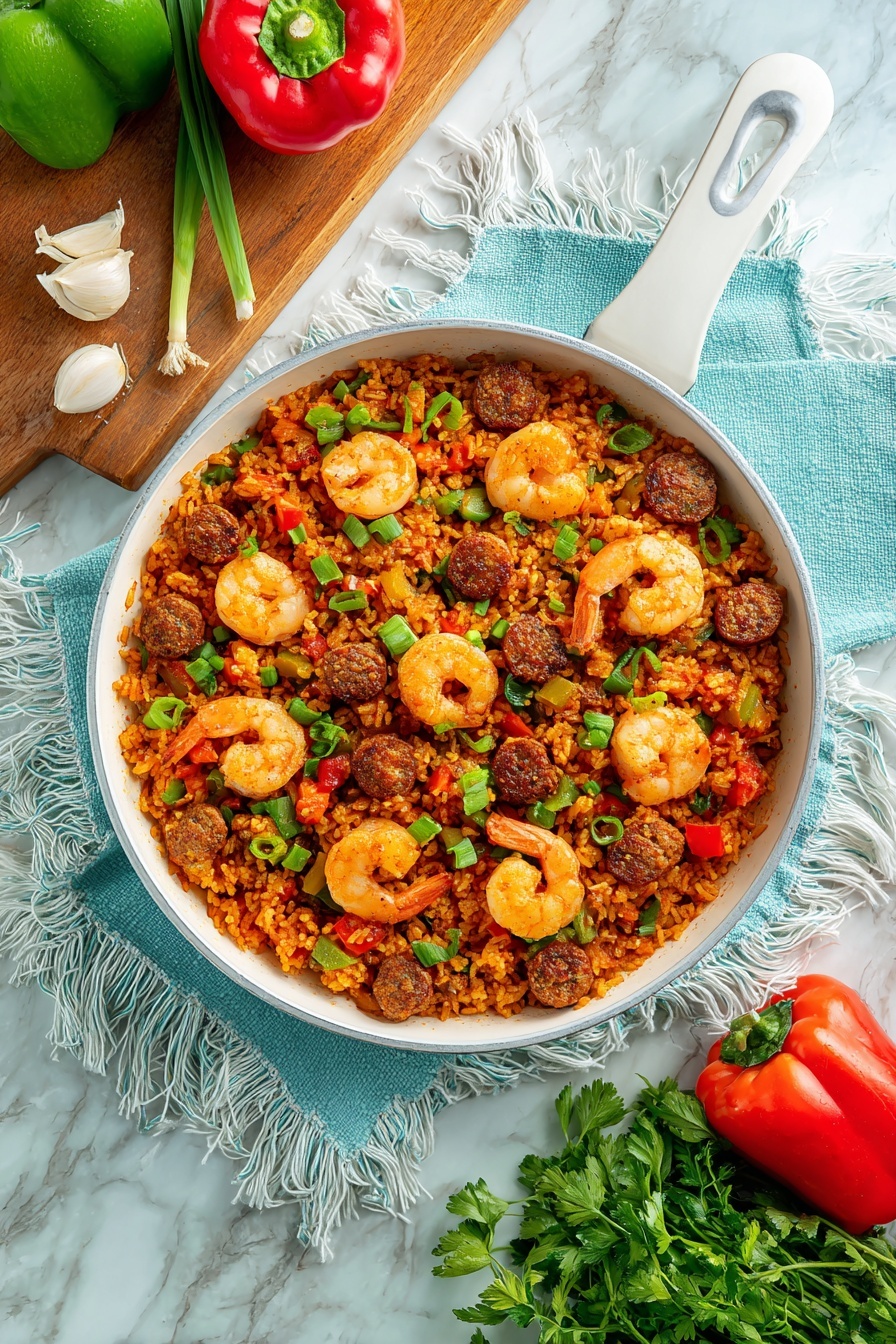 A white pan filled with a dish made of three main layers: the base layer is reddish-orange cooked rice mixed evenly with chopped green and red bell peppers and bits of green onions, the middle layer has round slices of browned sausage scattered throughout, and the top layer shows plump, cooked shrimp with a slightly orange tint. The pan handle points toward the bottom center, resting on a light blue cloth with white fringes. Around the pan are a black bowl with gold cutlery inside, a wooden board with fresh green herbs, some garlic cloves, and whole red and green bell peppers on a white marbled surface. photo taken with an iphone --ar 2:3 --v 7