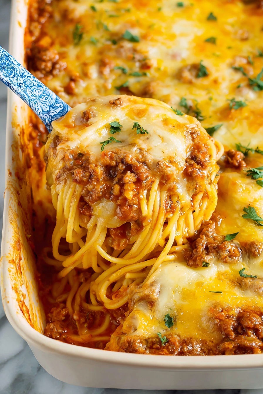 The image shows a close-up of a white baking dish filled with a layered pasta casserole. The bottom layer is made of long spaghetti noodles mixed with a reddish-brown meat sauce, which has a thick, chunky texture. The middle layer is covered with melted pale yellow and orange cheese, slightly browned around the edges. Small green leaves, likely parsley, are sprinkled on top, adding a fresh color contrast. A blue and white patterned spoon scoops out a portion, lifting up the cheesy pasta mixture, showing the layers clearly. The dish sits on a white marbled surface. Photo taken with an iphone --ar 2:3 --v 7