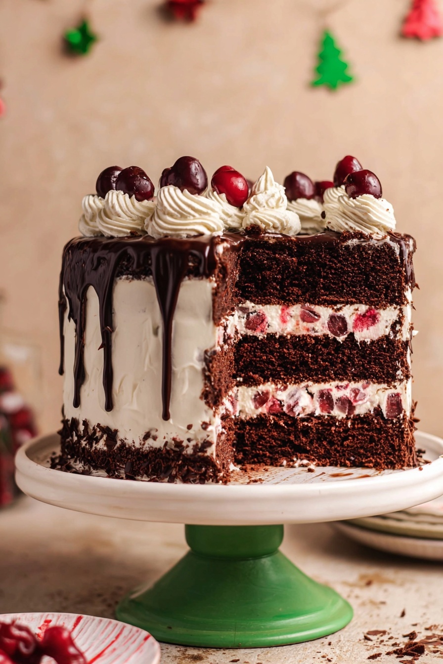 The image shows a five-layer chocolate cake on a white cake stand with a green base. The cake has thick, dark chocolate layers alternating with white cream layers mixed with bits of red fruit. The outside is covered in smooth white frosting, with rich dark chocolate dripping down the sides. The top of the cake is decorated with swirls of white cream and topped with red and dark cherries. The background is a soft beige with small festive decorations. The photo taken with an iphone --ar 2:3 --v 7