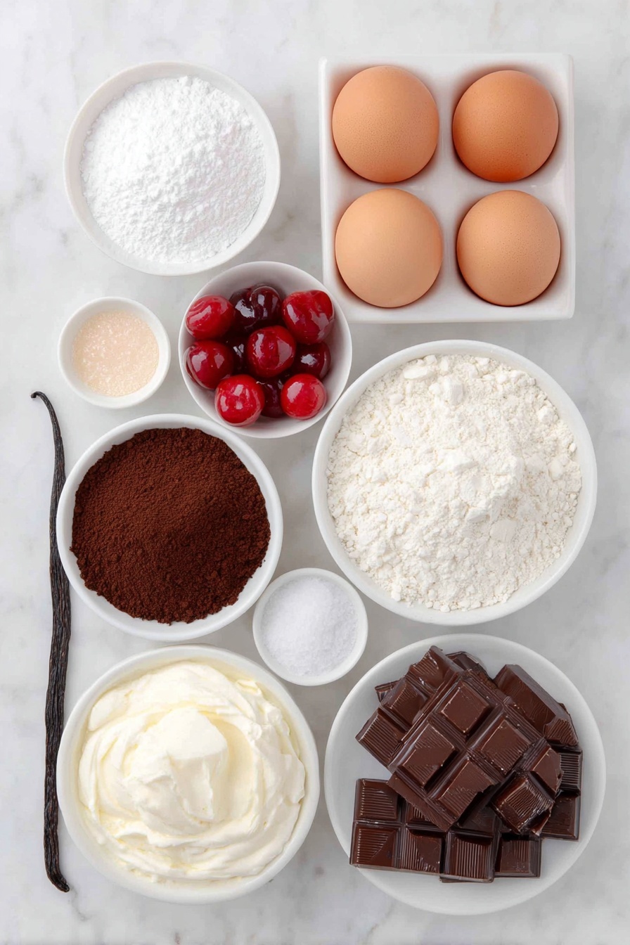 Flat lay of eight large brown eggs with smooth shells, a small white ceramic bowl of fine granulated sugar, another small white bowl filled with all-purpose flour, a white bowl with rich dark cocoa powder, a few loose baking powder and salt crystals beside the bowls, a small white bowl holding glossy dark sweet cherries and bright red maraschino cherries mixed together, a larger white ceramic bowl filled with chilled heavy whipping cream, a small white bowl of fine white sugar, a vanilla bean pod resting beside the bowls, a small white bowl with smooth semi-sweet chocolate blocks, and another small white ceramic bowl containing thick heavy cream, all ingredients arranged in perfect symmetry on a clean white marble surface, soft natural light, photo taken with an iPhone, professional food photography style, fresh ingredients, white ceramic bowls, no bottles, no duplicates, no utensils, no packaging --ar 2:3 --v 7 --p m7354615311229779997