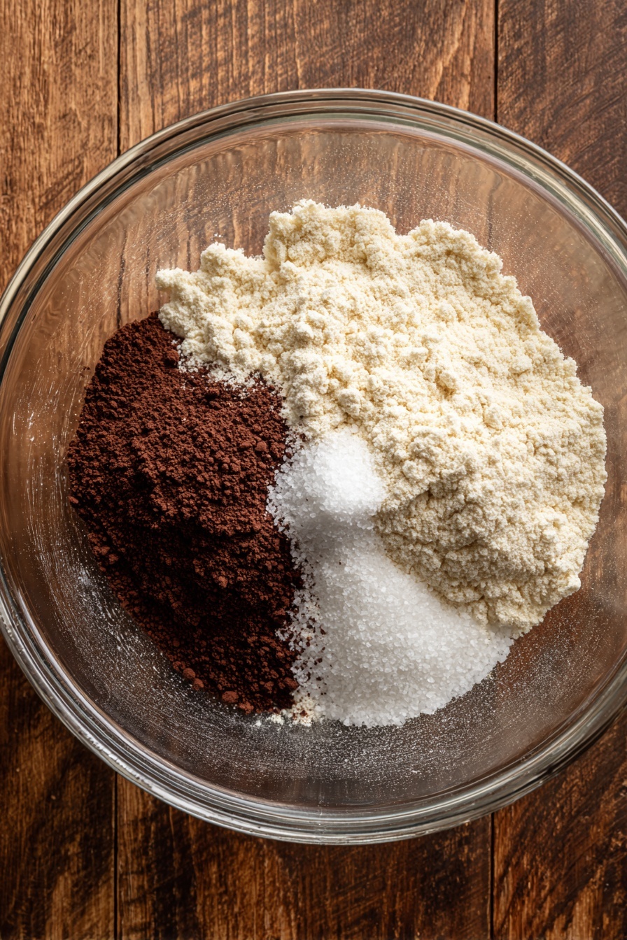 A dark brown chocolate cake slice with a soft, moist texture and visible cherries baked into it sits on a white plate. On top of the cake is a thick layer of white cream that drips slightly over the sides, with red cherry sauce drizzled on the cream. A whole shiny red cherry with its stem sits in the center on top. Around the plate, there are scattered dark brown chocolate chips and several whole red cherries with stems. The background is a white marbled texture with a larger portion of the chocolate cake blurred in the back. photo taken with an iphone --ar 2:3 --v 7