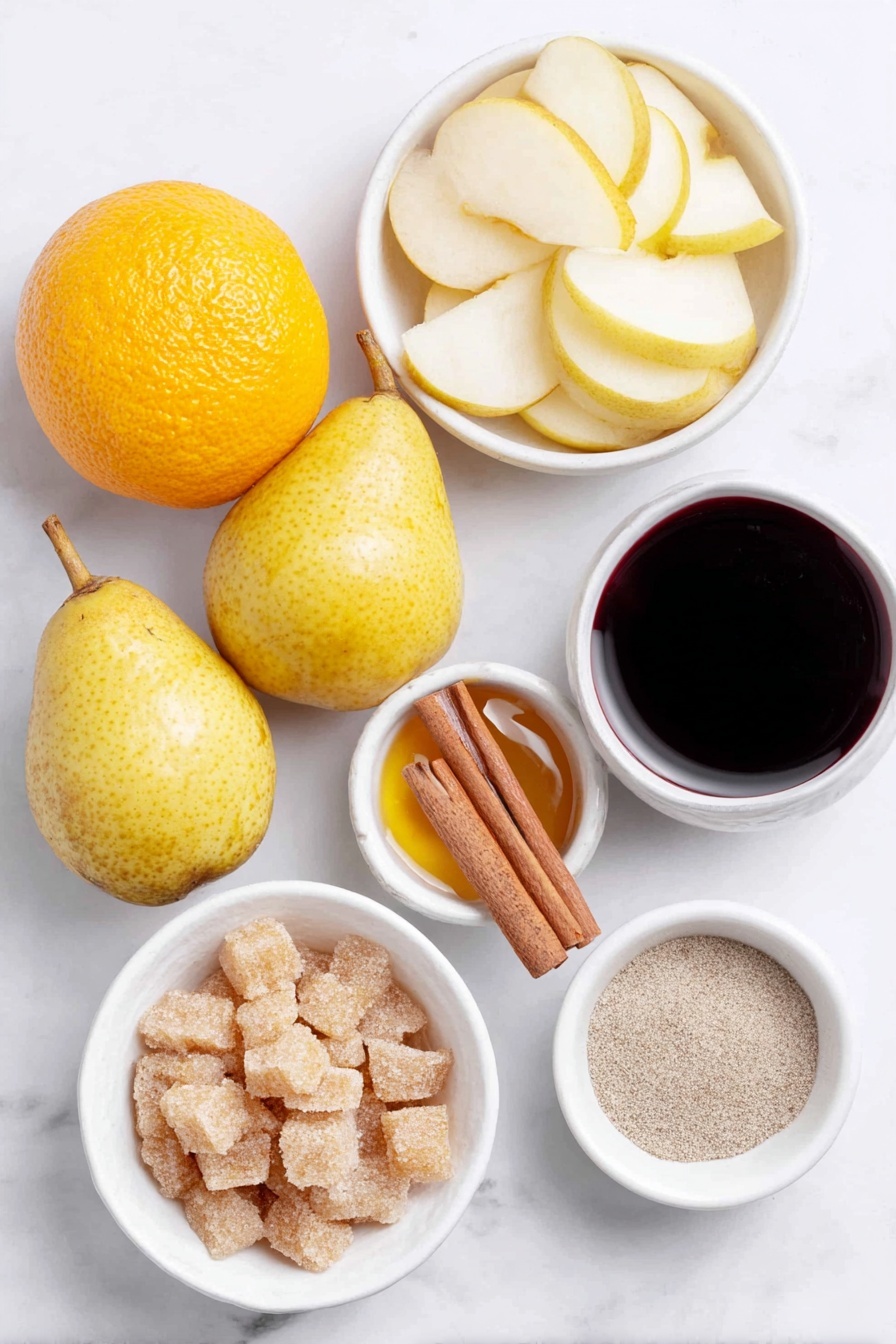 Flat lay of two whole navel oranges, one orange sliced into round thin slices arranged neatly, six whole ripe but firm pears with smooth skins, a small white ceramic bowl filled with deep red Pinot Noir wine, a small white ceramic bowl holding golden honey, a small white ceramic bowl containing raw light brown sugar crystals, a single cinnamon stick placed diagonally, a small white ceramic bowl with fine ground cardamom powder, all arranged symmetrically and balanced, placed on a clean white marble surface, soft natural light, photo taken with an iPhone, professional food photography style, fresh ingredients, white ceramic bowls, no bottles, no duplicates, no utensils, no packaging --ar 2:3 --v 7 --p m7354615311229779997