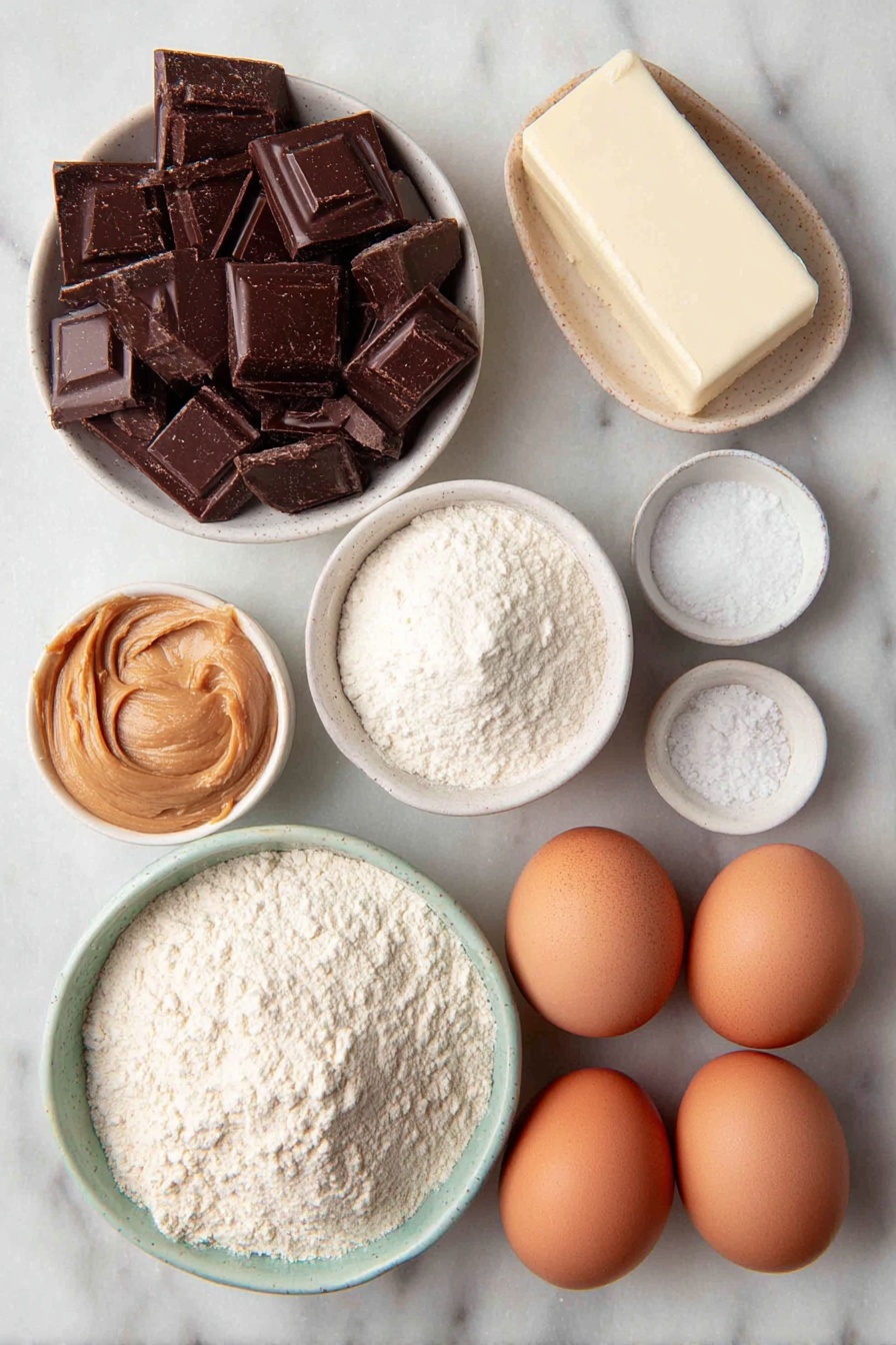 Flat lay of coarsely chopped glossy semi-sweet chocolate chunks, a slab of creamy unsalted butter, a small white bowl of fine all-purpose flour, a small white bowl filled with powdery confectioners’ sugar, a tiny white bowl holding a pinch of salt, two large whole brown eggs with smooth uncracked shells, two extra large whole eggshells whole and uncracked, a small white bowl of smooth creamy peanut butter, all arranged in perfect symmetry on a clean white marble surface, soft natural light, photo taken with an iPhone, professional food photography style, fresh ingredients, white ceramic bowls, no bottles, no duplicates, no utensils, no packaging --ar 2:3 --v 7 --p m7354615311229779997