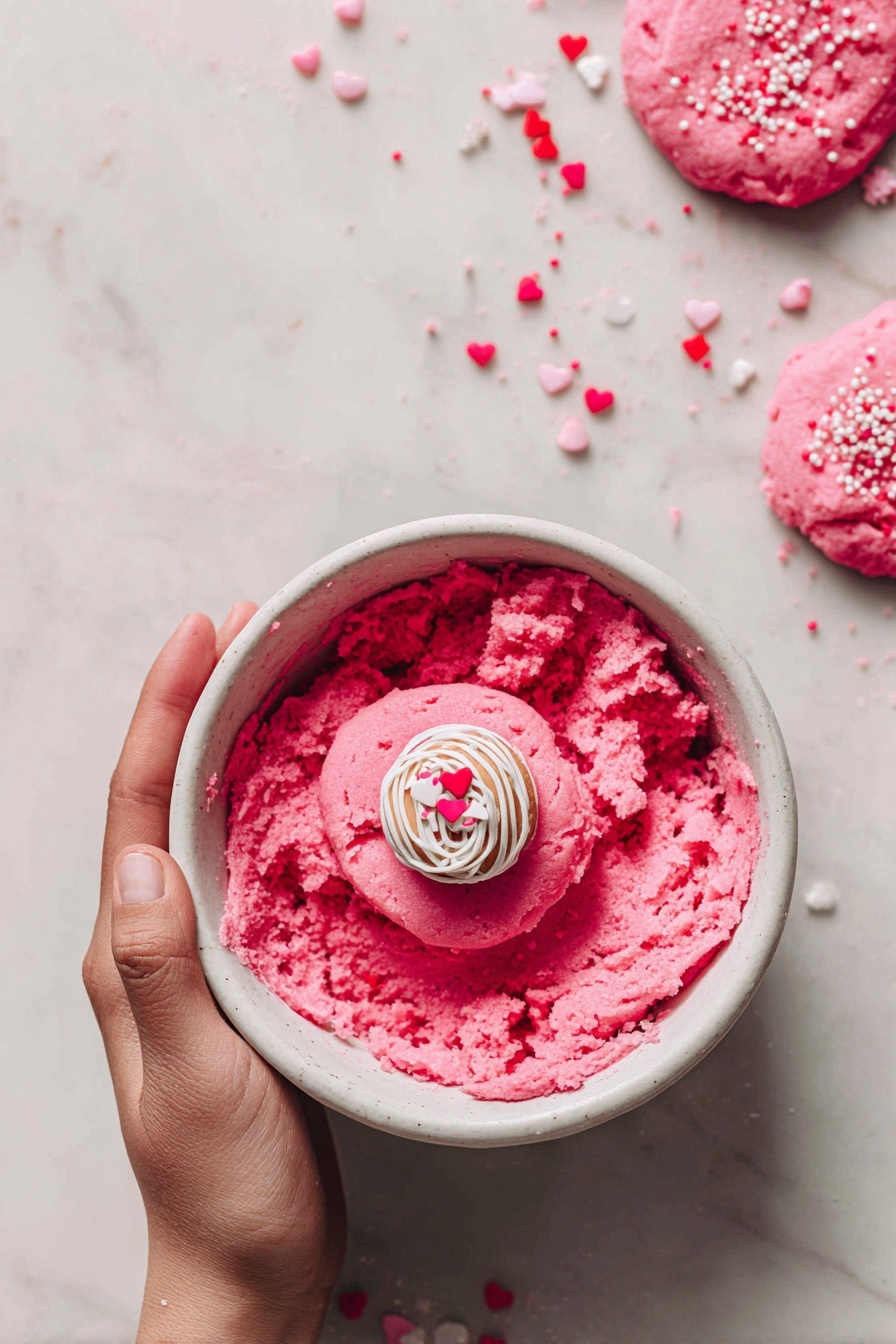 The image shows a stack of bright pink mini cakes with a soft, crumbly texture. One cake is cut in half in the front, revealing two layers inside: a white creamy layer on top and a darker brown layer beneath it, both nestled inside the pink outer cake. Behind this cut cake, there are four whole pink cakes stacked in a pyramid shape, with one on top decorated with a small white heart-shaped sprinkle. The cakes are placed directly on a white marbled surface with small red and white heart-shaped sprinkles scattered around. A white striped candy is visible on the right, and a white container blurred in the background completes the setup. photo taken with an iphone --ar 2:3 --v 7