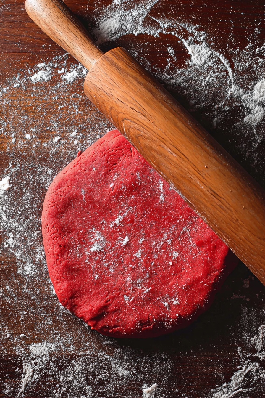 A single red cinnamon roll sits on a white plate with a speckled pattern, showing three visible layers of soft, moist red dough twisted into spirals. The top layer is covered with thick white icing that drips slightly down the sides and is decorated with small red, pink, and white heart-shaped sprinkles and tiny round red and pink sprinkles. The plate rests on a surface with a white marbled texture, and there are faint red crumbs scattered around the base of the cinnamon roll. In the background, blurred white bowls hold additional sprinkles, enhancing the festive feel. Photo taken with an iphone --ar 2:3 --v 7