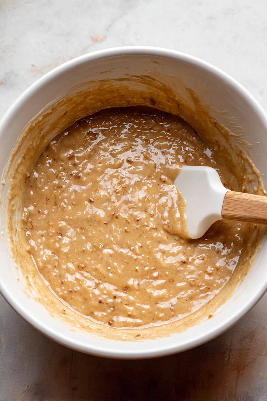 A close-up of a woman's hand holding two small stacked pieces of moist banana chocolate chip bread. Each piece has a light brown, soft, and crumbly texture with visible small chocolate chips scattered inside. The top piece has melted, shiny dark chocolate on one corner, adding a glossy texture contrast. The background shows blurred banana bread pieces on a white marbled surface. Photo taken with an iphone --ar 2:3 --v 7