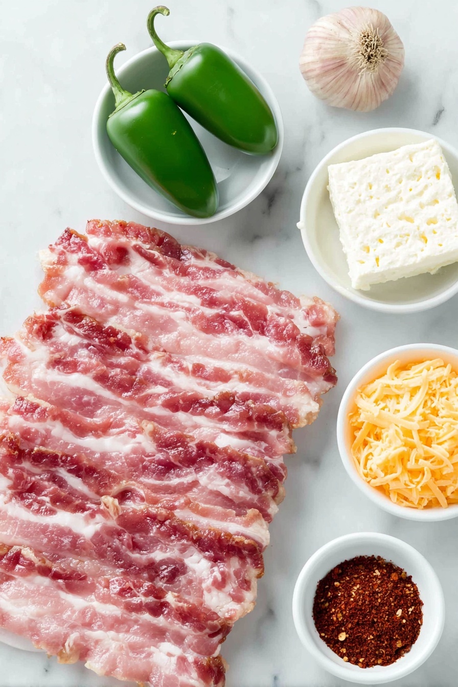 Flat lay of 12 fresh green jalapeño peppers halved lengthwise, a small white ceramic bowl of softened full-fat cream cheese block, a small white ceramic bowl filled with shredded bright orange cheddar cheese, one whole uncracked brown garlic bulb clove, a small white ceramic bowl containing deep red smoked paprika powder, and 12 strips of raw streaky bacon with rich pink and white marbling, all arranged in perfect symmetry on a clean white marble surface, soft natural light, photo taken with an iPhone, professional food photography style, fresh ingredients, white ceramic bowls, no bottles, no duplicates, no utensils, no packaging --ar 2:3 --v 7 --p m7354615311229779997