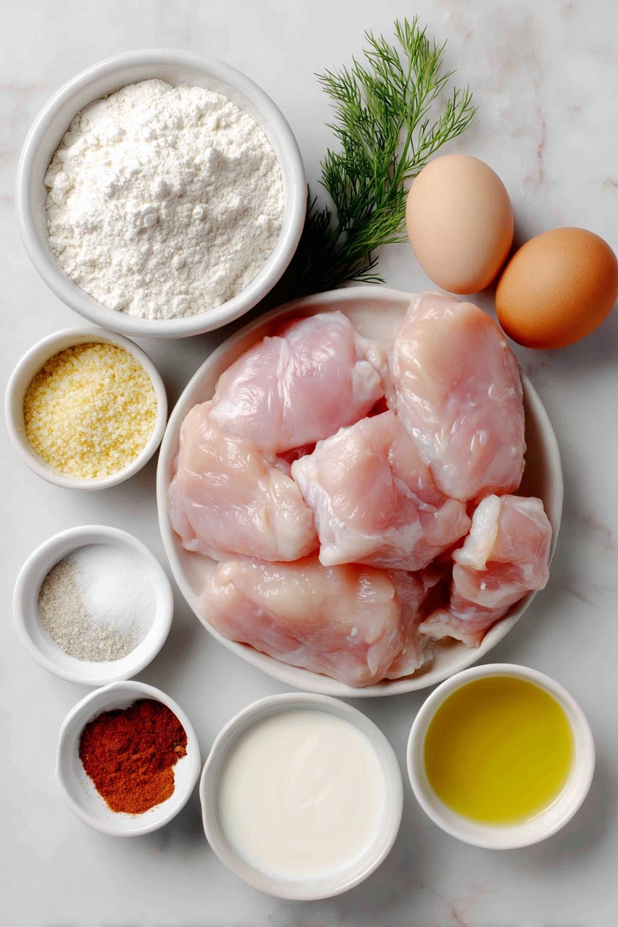 Flat lay of fresh boneless skinless chicken breast chunks, a small white ceramic bowl of dill pickle juice, a small white ceramic bowl of whole milk, a small white ceramic bowl of all-purpose flour, a small white ceramic bowl of plain breadcrumbs, a small white ceramic bowl of powdered sugar, a small white ceramic bowl of garlic powder, a small white ceramic bowl of paprika, a small white ceramic bowl of baking powder, a small white ceramic bowl of salt, a small white ceramic bowl of black pepper, two whole uncracked brown eggs, placed on a clean white marble surface, soft natural light, photo taken with an iPhone, professional food photography style, fresh ingredients, white ceramic bowls, no bottles, no duplicates, no utensils, no packaging --ar 2:3 --v 7 --p m7354615311229779997