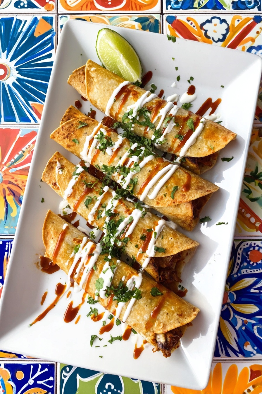 A white rectangular plate holds four rolled golden brown tortillas placed side by side, each topped with white sauce drizzles and brown sauce lines, garnished with small pieces of green cilantro leaves. In the top left corner of the plate, there is a lime wedge. The plate sits on a colorful tiled surface with patterned blue, orange, and white designs. photo taken with an iphone --ar 2:3 --v 7