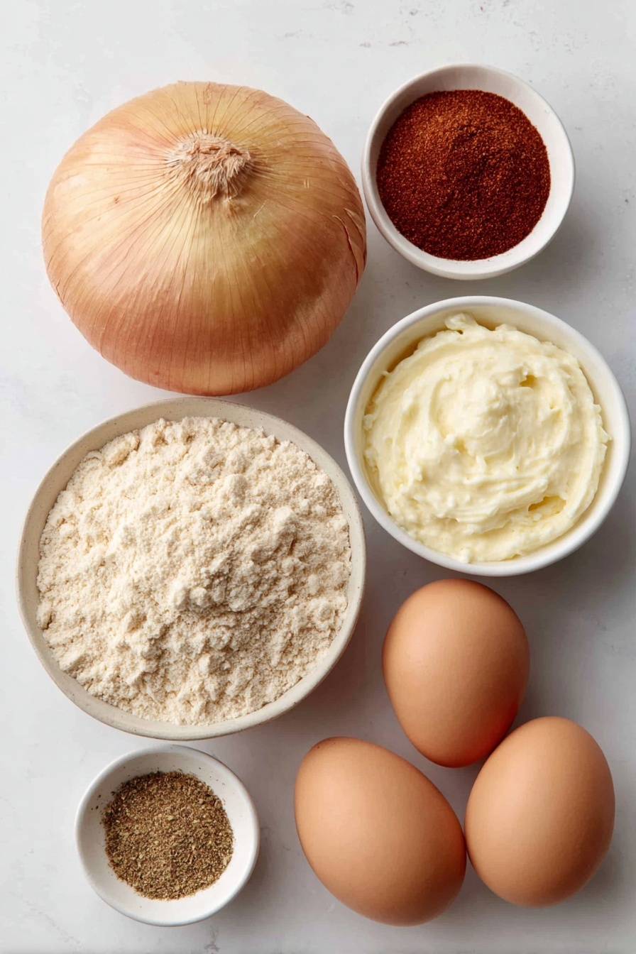 Flat lay of a large whole sweet onion with golden papery skin, a small mound of fine all-purpose flour on a simple white ceramic plate, a small white ceramic bowl filled with vibrant red paprika powder, another small white bowl holding a warm-toned blend of dried oregano, ground cumin, garlic powder, cayenne pepper, black pepper, and kosher salt, two whole clean large brown eggs with smooth shells resting side by side, a small white ceramic bowl containing creamy buttermilk, all arranged symmetrically on a clean white marble surface, soft natural light, photo taken with an iPhone, professional food photography style, fresh ingredients, white ceramic bowls, no bottles, no duplicates, no utensils, no packaging --ar 2:3 --v 7 --p m7354615311229779997