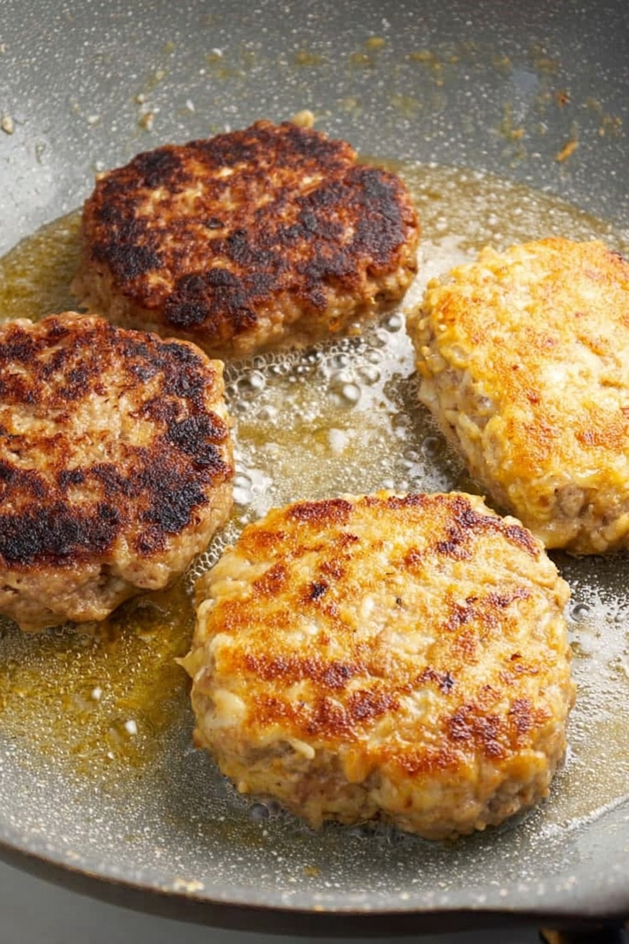 A small, golden-brown pattie with a crispy texture sits in the center of a white plate; it is topped with a thick, creamy beige sauce that has specks of herbs and small pieces visible within. The pattie has a slightly irregular shape and browned edges. A silver fork rests on the edge of the plate, its tines pointing inward. In the background, a large bowl filled with more creamy sauce and additional patties can be seen, placed on a soft grey cloth with fringed edges, all set on a white marbled surface. photo taken with an iphone --ar 2:3 --v 7