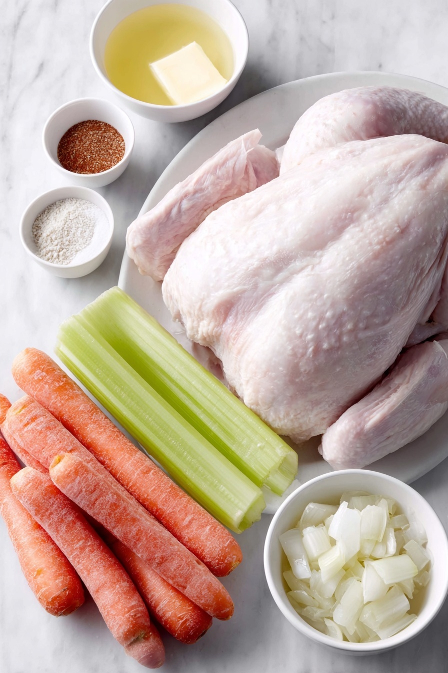 Flat lay of two medium fresh carrots diced, one small whole yellow onion, two medium celery ribs, a whole raw plump chicken with clean skin, a small white bowl of melted salted butter, a small white bowl with poultry seasoning powder, a small white bowl with paprika powder, and an unopened box of stove top stuffing removed from the scene (replaced by a small mound of dry stuffing crumbs on a white ceramic plate), all arranged symmetrically on a simple white ceramic surface, placed on a clean white marble surface, soft natural light, photo taken with an iPhone, professional food photography style, fresh ingredients, white ceramic bowls, no bottles, no duplicates, no utensils, no packaging --ar 2:3 --v 7 --p m7354615311229779997