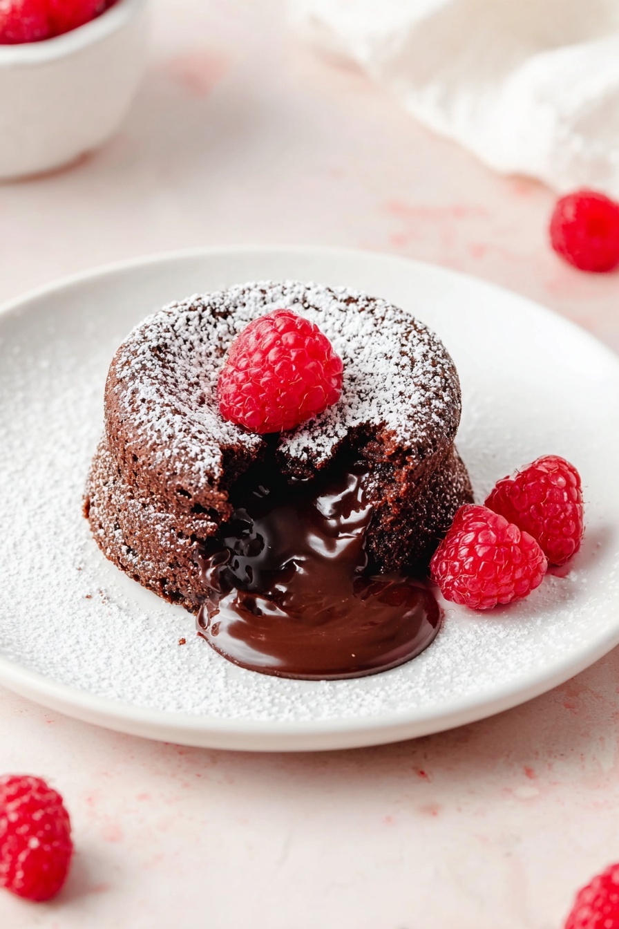 A white plate holds a small round chocolate cake with a cracked top and soft texture dusted with powdered sugar. The middle of the cake is flowing with rich, shiny dark chocolate sauce that spills onto the plate. Three bright red raspberries, one sitting on top and two on the side of the cake, add color contrast. The plate is set on a white marbled surface, with a few scattered raspberries around it. The scene is softly lit and looks fresh and inviting. photo taken with an iphone --ar 2:3 --v 7
