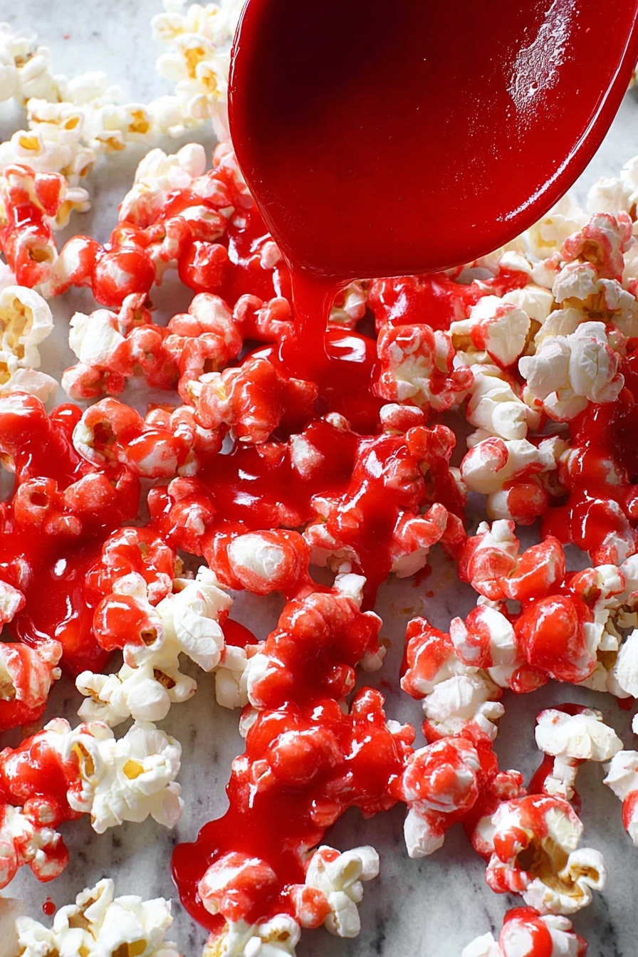 A close-up view of white popcorn scattered over a white marbled surface, being coated with a thick, shiny red sauce that is being poured from a red ladle just above the popcorn. The sauce spreads unevenly, covering parts of the popcorn in vivid red streaks and patches, contrasting sharply with the fluffy white kernels underneath, showing a glossy and sticky texture. photo taken with an iphone --ar 2:3 --v 7