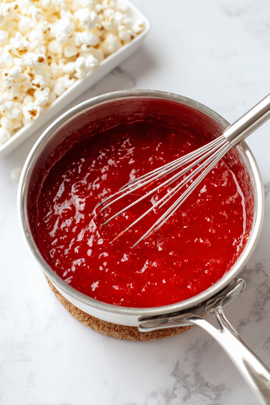A white bowl filled with bright red popcorn mixed with white drizzle and scattered with small red round candies and white chocolate chips; the popcorn clusters are piled high with a mix of shiny red candy pieces and smooth white chips evenly spread throughout; some pieces spill onto a white marbled surface around the bowl; the background shows a blurry red box adding to the vibrant red and white color theme; photo taken with an iphone --ar 2:3 --v 7