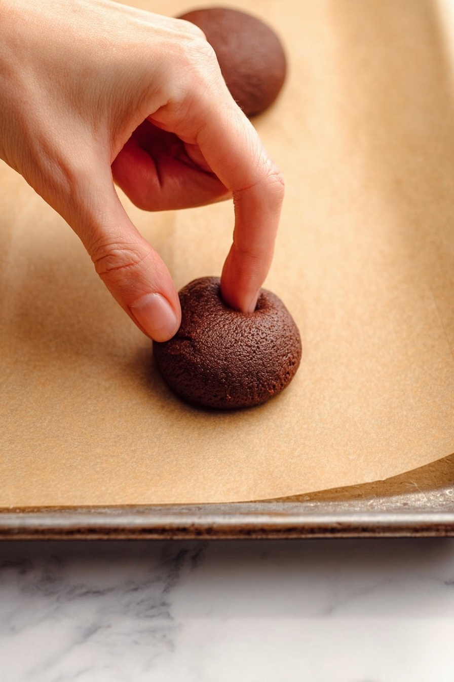 The image shows a white plate with five round, dark brown cookies arranged closely together. Each cookie has a smooth, glossy dark chocolate center topped with a bright red cherry with a stem. On top of each cookie, thin lines of drizzled chocolate create a decorative pattern. Around the plate, there are several more bright red cherries scattered, and a white bowl filled with more cherries is visible in the background on the left. The surface under the plate has a white marbled texture with a soft beige cloth nearby and a few dark chocolate chips near the front edge. photo taken with an iphone --ar 2:3 --v 7