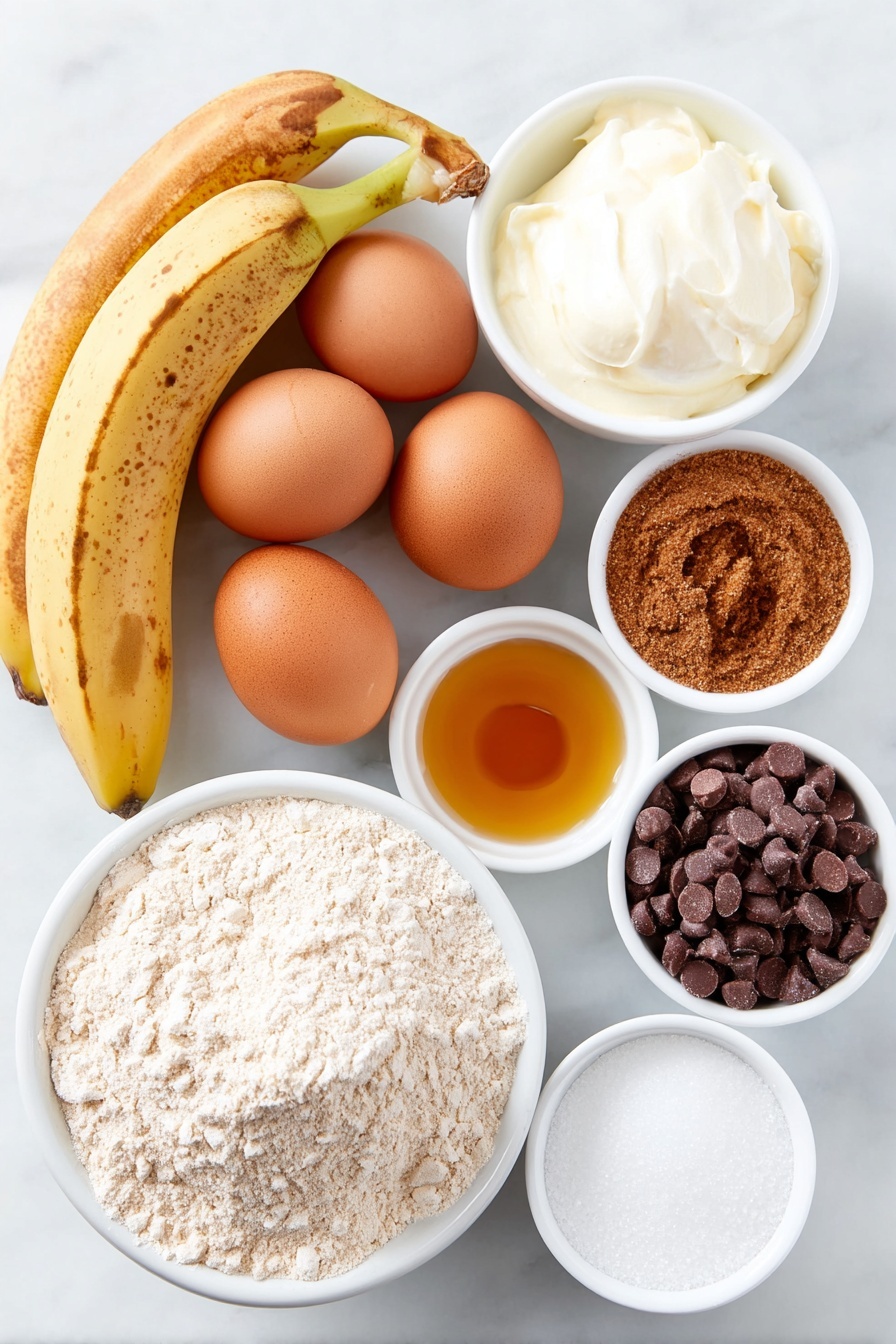 Flat lay of a small mound of all-purpose flour, two whole large brown eggs with clean shells, a few peeled ripe bananas mashed and slightly chunky, a small pile of light brown sugar crystals, a small pile of granulated white sugar crystals, a few tablespoons of golden melted butter in a small white ceramic bowl, a small white bowl with clear vegetable oil, a few semi-sweet mini chocolate chips scattered loosely, a small white bowl with heavy cream, a small pile of ground cinnamon powder, a small white bowl holding dark semi-sweet chocolate chips, a tiny white bowl with amber vanilla extract, and a small white bowl with fine sea salt, placed on a clean white marble surface, soft natural light, photo taken with an iPhone, professional food photography style, fresh ingredients, white ceramic bowls, no bottles, no duplicates, no utensils, no packaging --ar 2:3 --v 7 --p m7354615311229779997