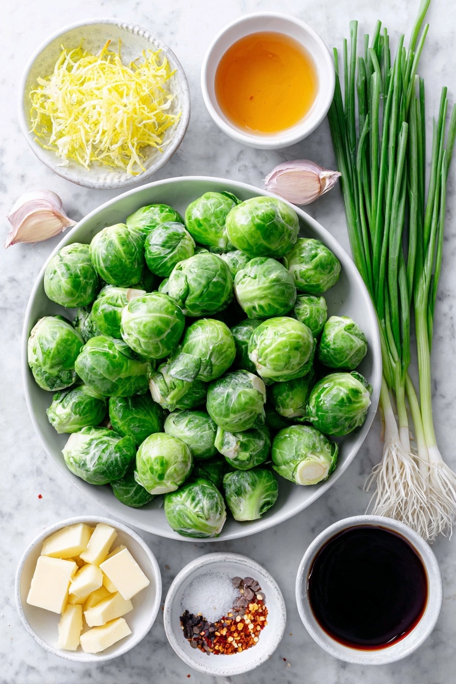 Flat lay of fresh halved Brussels sprouts with a few loose roasted leaves, a small white bowl of golden olive oil, a small white bowl of thick amber honey, a small white bowl of dark balsamic vinegar, a small white bowl holding a dollop of smooth pale Dijon mustard, two unpeeled garlic cloves alongside some finely minced garlic in a small white bowl, a small white bowl with bright red chili flakes, a small white bowl containing three small cubes of pale unsalted butter, a bunch of fresh green onions with vibrant green stalks, and a few strands of bright yellow lemon zest, all arranged in perfect symmetry, placed on a clean white marble surface, soft natural light, photo taken with an iPhone, professional food photography style, fresh ingredients, white ceramic bowls, no bottles, no duplicates, no utensils, no packaging --ar 2:3 --v 7 --p m7354615311229779997