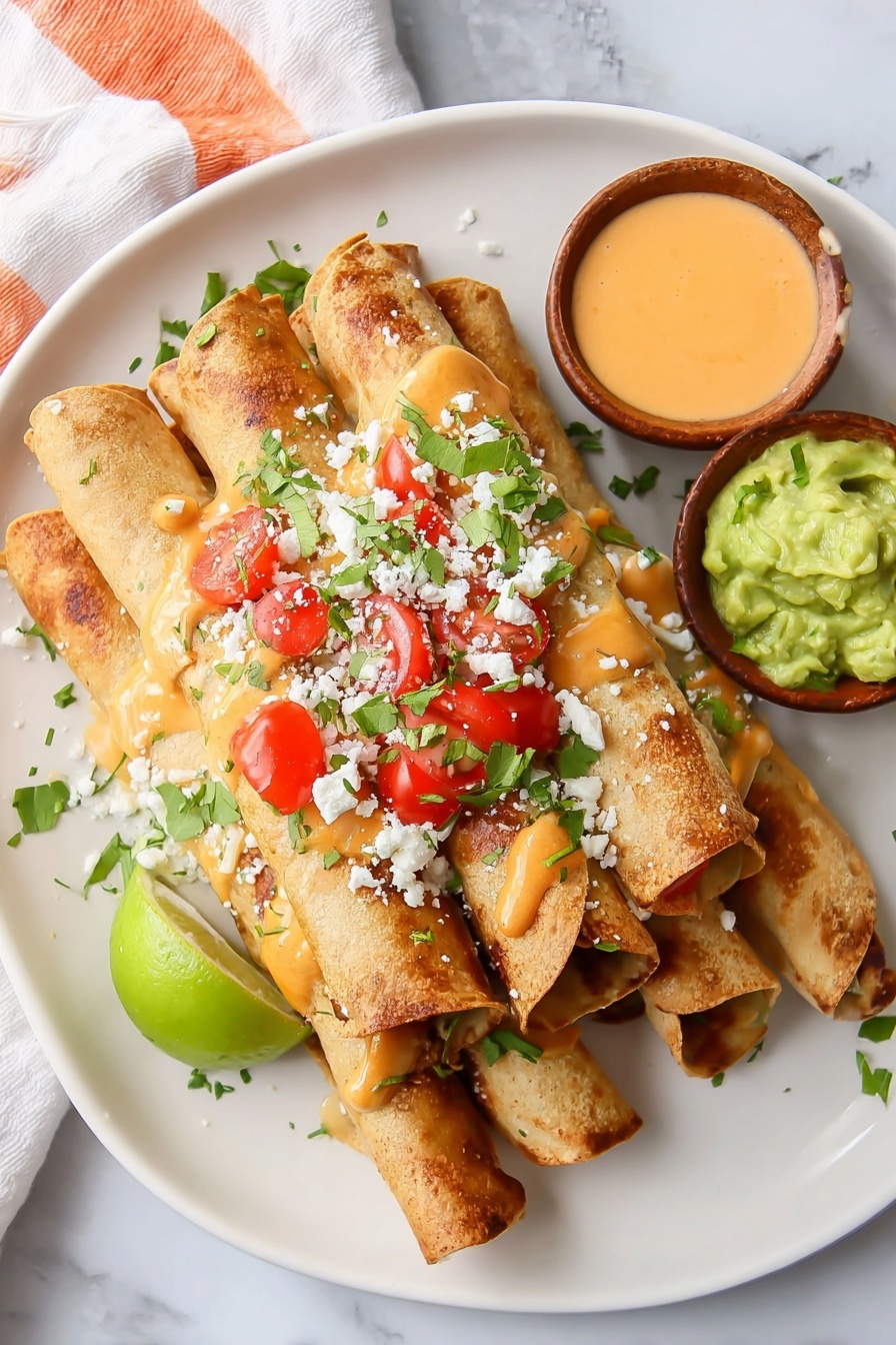 There are six rolled, golden-brown taquitos stacked on a white plate, topped with small pieces of red cherry tomatoes, green chopped cilantro, crumbled white cheese, and light orange drizzle sauce. In the upper right part of the plate, there are two small brown bowls, one filled with green guacamole and the other with light orange sauce. A half lime with a bright green peel and light green inside sits next to the bowls. The plate is on a white marbled surface with a white and orange towel partially visible in the background. Photo taken with an iphone --ar 2:3 --v 7