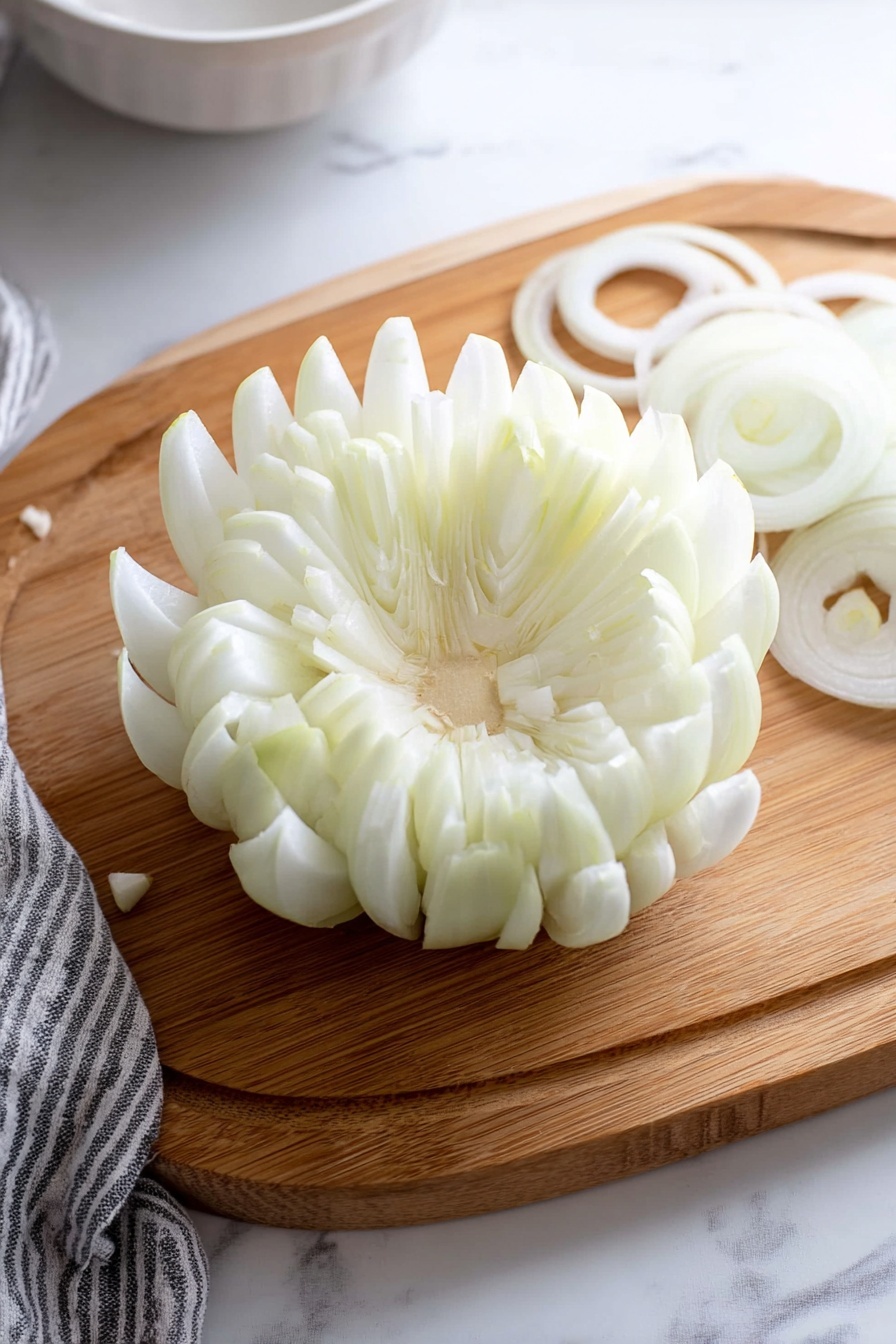 A close-up image shows a crispy fried onion blossom flower with golden-brown petals spread out on a white marbled surface. In the center of the flower, there is a hollowed lime half filled with smooth, light pink dipping sauce. A woman's hand is dipping one of the onion petals into the sauce, with the sauce thickly coating the tip of the petal. The background is softly blurred with hints of more fried petals. Photo taken with an iphone --ar 2:3 --v 7