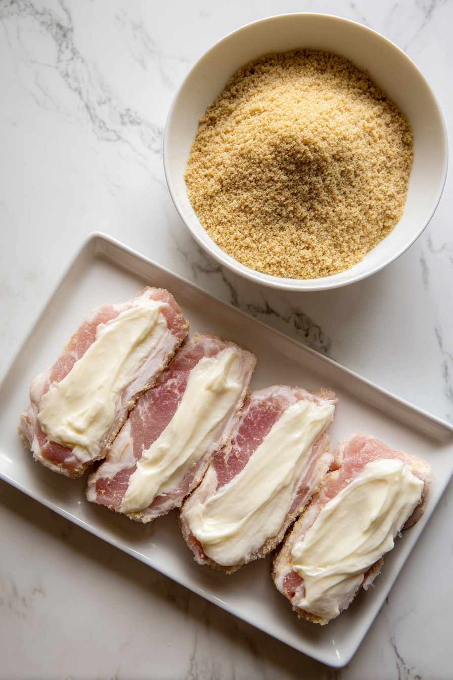 The dish shows a white plate with three parts: sliced golden brown crispy coated meat arranged in a slight curve on the left side, sprinkled with small green herb bits, and garnished with two lemon slices at the top left and one lemon slice at the bottom right of the meat; next to the meat, on the top right side, is a creamy light yellow mound of mashed potatoes with some small green herb pieces sprinkled on top and a small melting pat of butter; on the bottom right side, there are bright green steamed cut green beans placed neatly together. The plate sits on a white marbled surface. Photo taken with an iphone --ar 2:3 --v 7