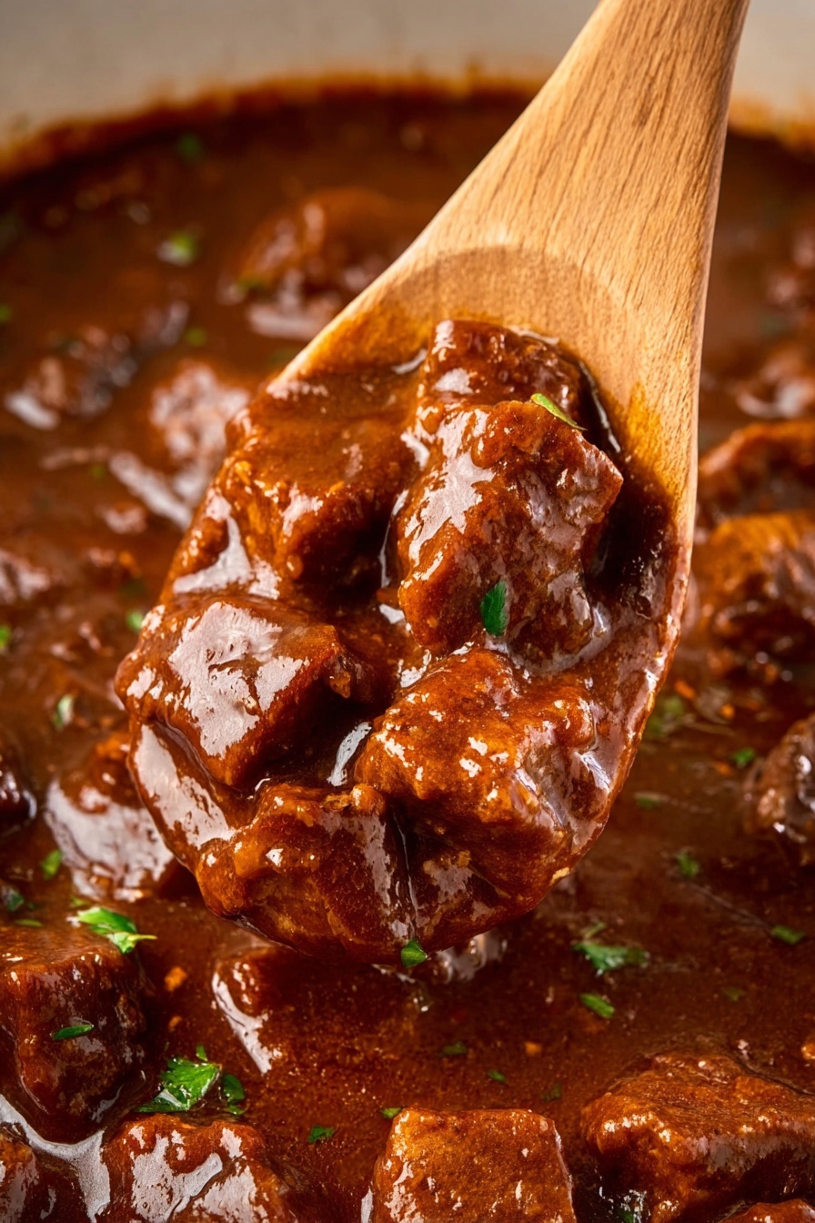 The image shows a close-up of a rich brown stew with thick gravy, filled with tender, chunky pieces of meat coated in the sauce. The stew has small bits of green herbs scattered throughout, adding a touch of color contrast. A wooden spoon is lifting a portion of the stew, holding several large chunks of meat that glisten under the light, highlighting the smooth and shiny texture of the sauce. The background features the same stew, giving a sense of depth and fullness. The overall color palette is deep brown with subtle green accents on a white marbled surface. Photo taken with an iphone --ar 2:3 --v 7