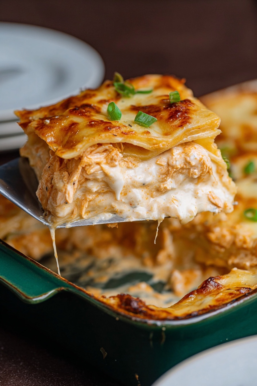 The image shows a close-up of a thick piece of lasagna being lifted with a silver spatula from a deep green baking dish. The lasagna has multiple layers with a golden-brown, melted cheese top that is slightly crispy. Below the cheese layer is a creamy white sauce with smooth texture, followed by a light orange sauce layer mixed with finely shredded chicken or similar filling. The bottom layers include soft, slightly cooked pasta sheets with visible edges. The slice is garnished with small green onion pieces on top. The background is a dark brown surface with a white plate visible at the bottom right corner. photo taken with an iphone --ar 2:3 --v 7